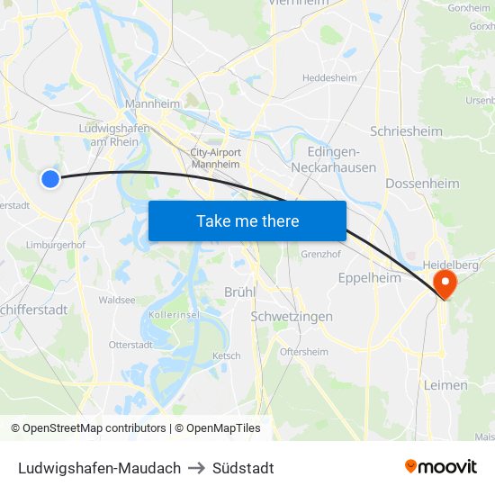 Ludwigshafen-Maudach to Südstadt map