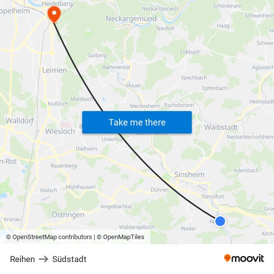 Reihen to Südstadt map