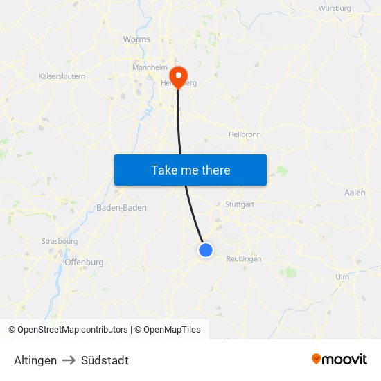 Altingen to Südstadt map