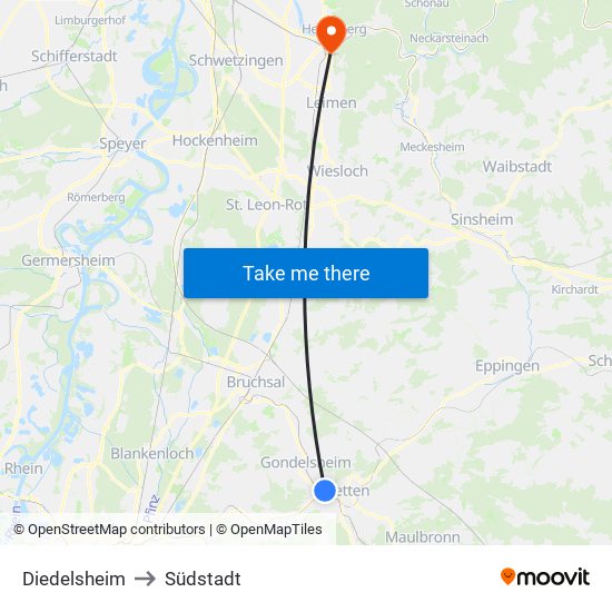 Diedelsheim to Südstadt map