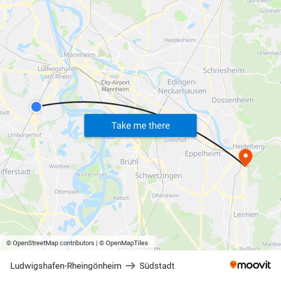 Ludwigshafen-Rheingönheim to Südstadt map