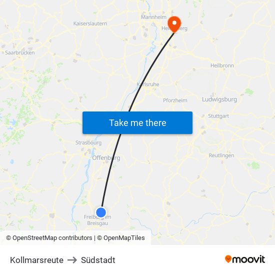 Kollmarsreute to Südstadt map