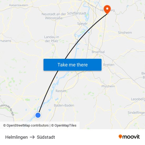 Helmlingen to Südstadt map