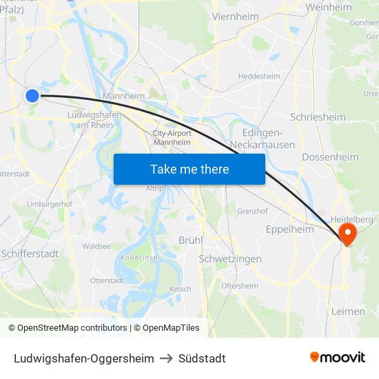 Ludwigshafen-Oggersheim to Südstadt map