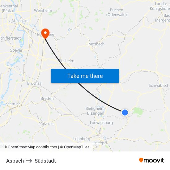 Aspach to Südstadt map