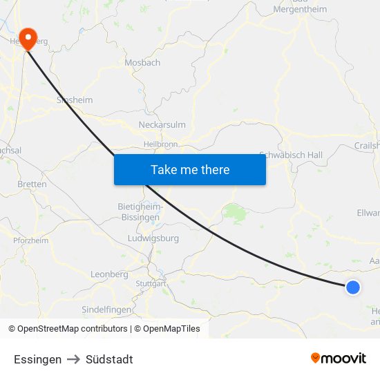 Essingen to Südstadt map