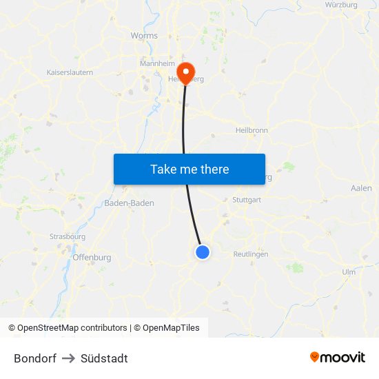 Bondorf to Südstadt map