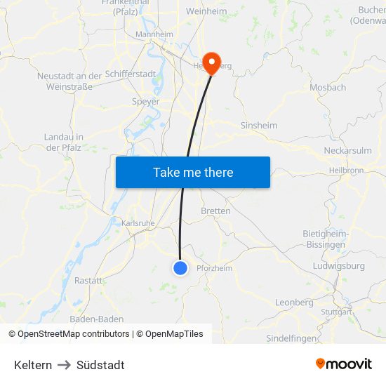 Keltern to Südstadt map