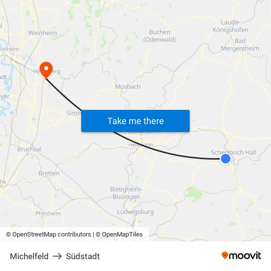 Michelfeld to Südstadt map