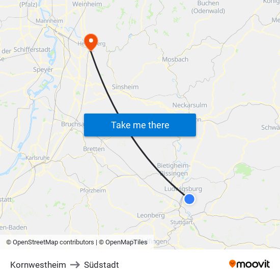 Kornwestheim to Südstadt map