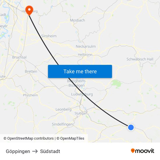 Göppingen to Südstadt map