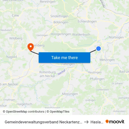 Gemeindeverwaltungsverband Neckartenzlingen to Haslach map