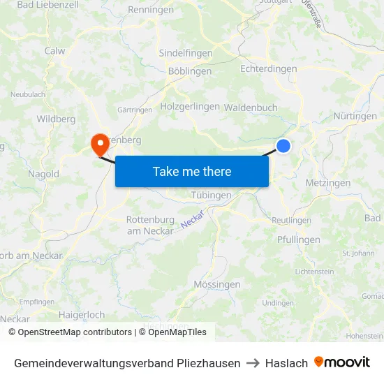 Gemeindeverwaltungsverband Pliezhausen to Haslach map