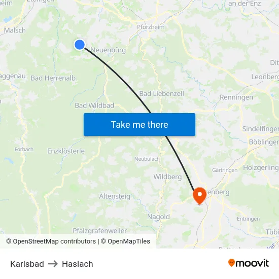 Karlsbad to Haslach map