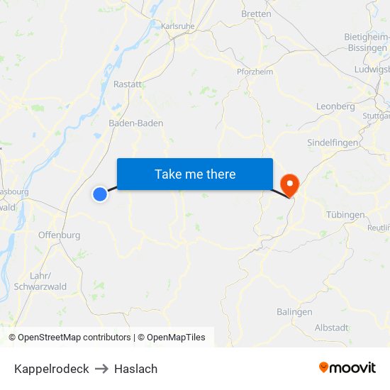 Kappelrodeck to Haslach map