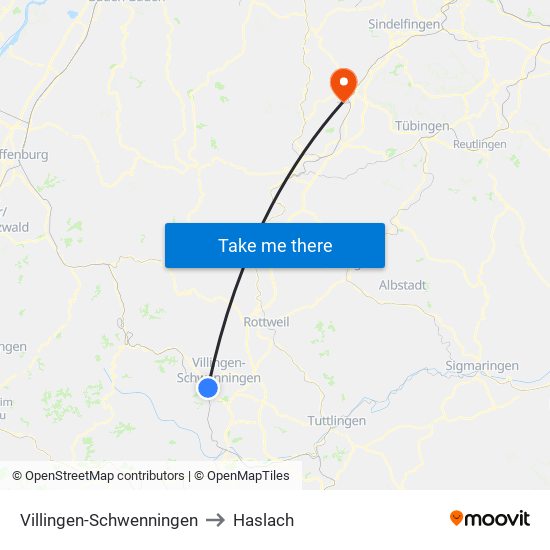 Villingen-Schwenningen to Haslach map