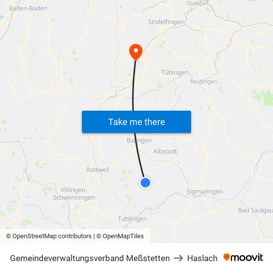 Gemeindeverwaltungsverband Meßstetten to Haslach map