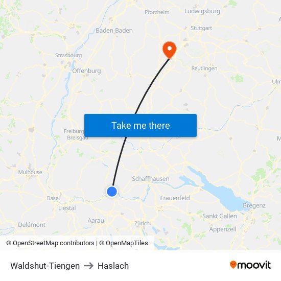 Waldshut-Tiengen to Haslach map