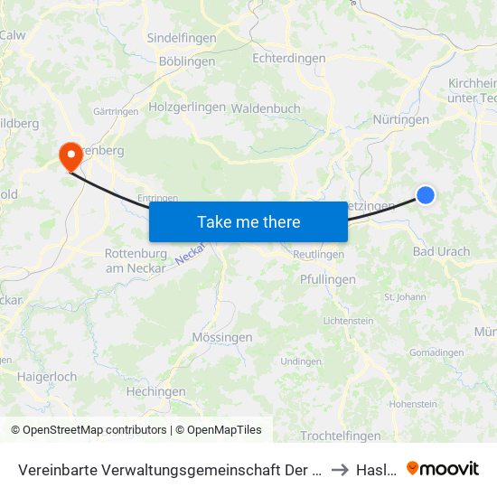 Vereinbarte Verwaltungsgemeinschaft Der Stadt Neuffen to Haslach map