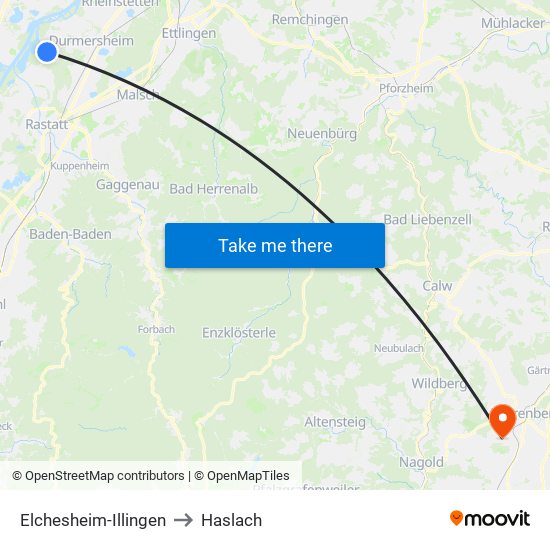 Elchesheim-Illingen to Haslach map