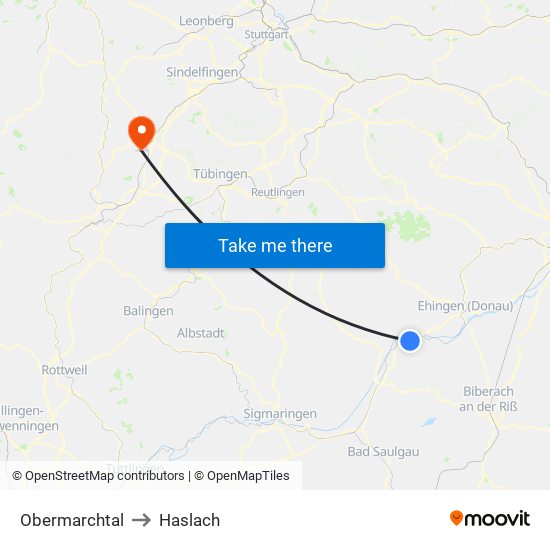 Obermarchtal to Haslach map