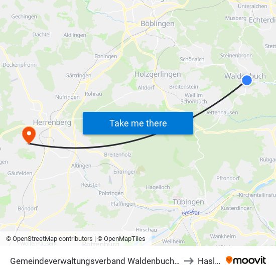 Gemeindeverwaltungsverband Waldenbuch/Steinenbronn to Haslach map