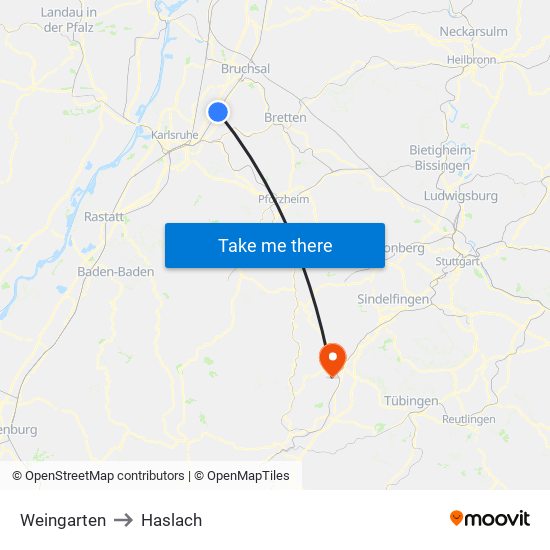 Weingarten to Haslach map