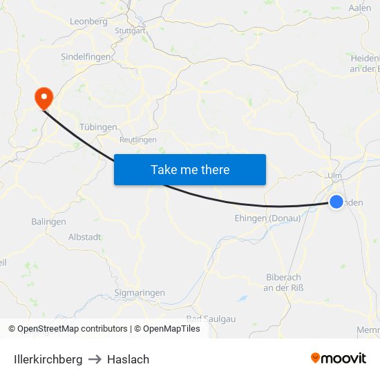 Illerkirchberg to Haslach map