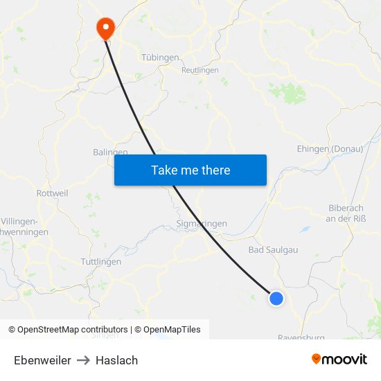 Ebenweiler to Haslach map
