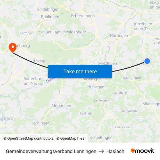 Gemeindeverwaltungsverband Lenningen to Haslach map