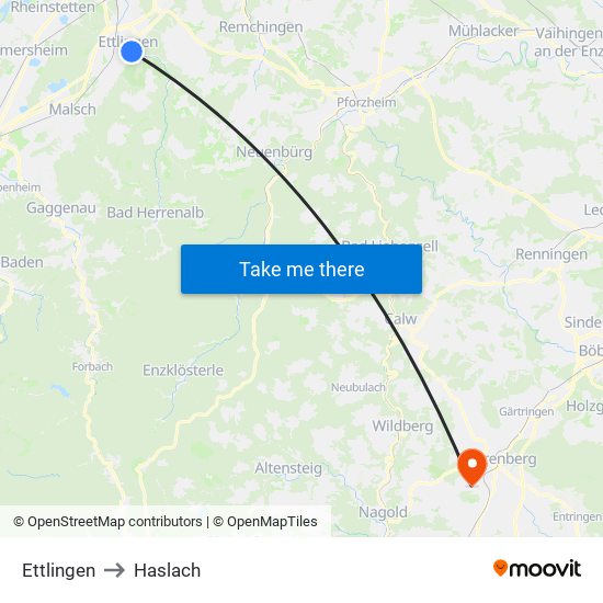 Ettlingen to Haslach map