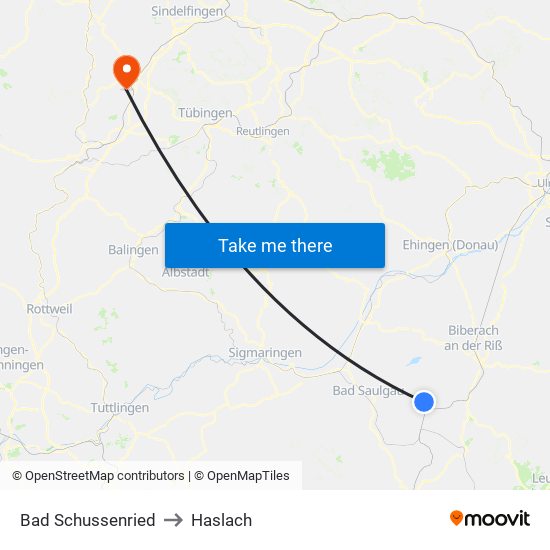 Bad Schussenried to Haslach map