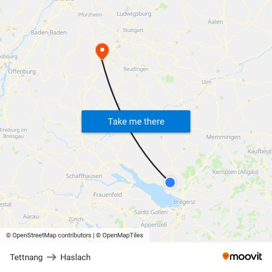 Tettnang to Haslach map