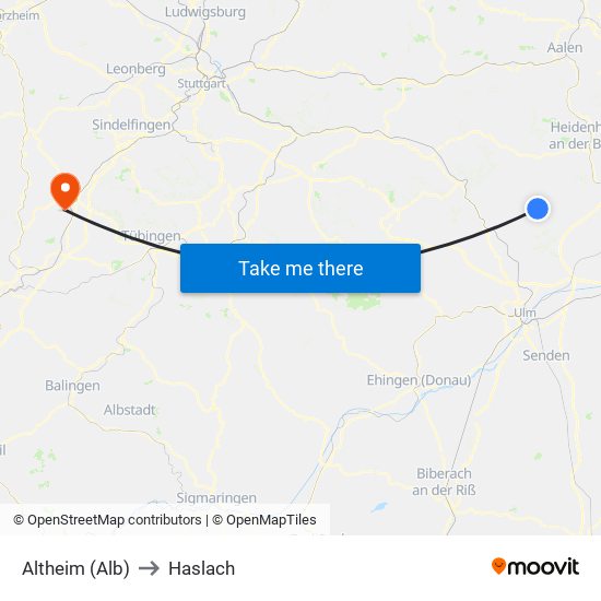 Altheim (Alb) to Haslach map