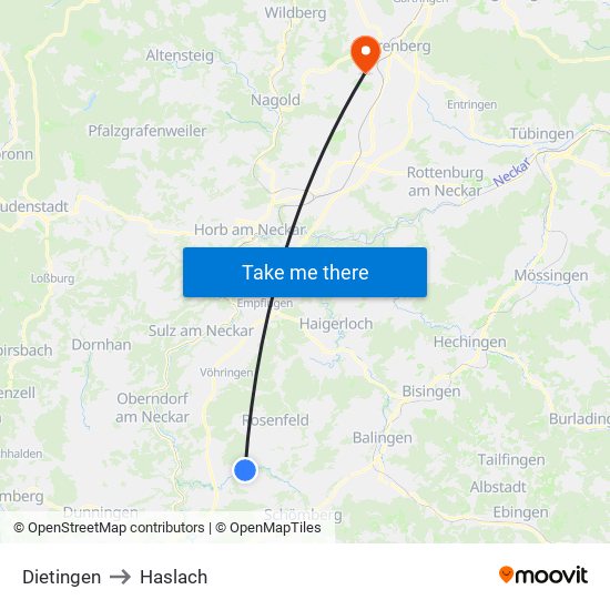 Dietingen to Haslach map