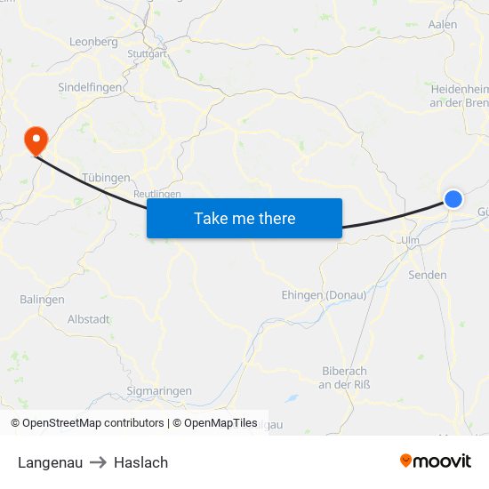 Langenau to Haslach map