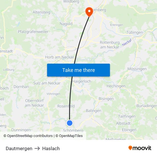 Dautmergen to Haslach map
