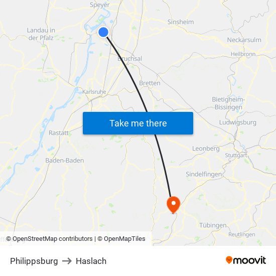 Philippsburg to Haslach map