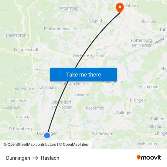 Dunningen to Haslach map