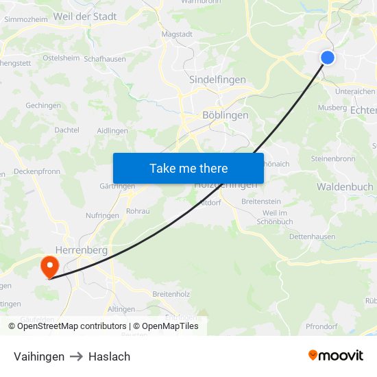 Vaihingen to Haslach map