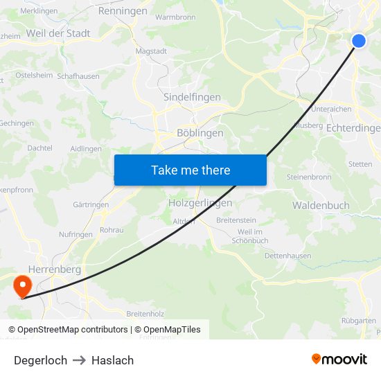 Degerloch to Haslach map