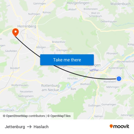 Jettenburg to Haslach map