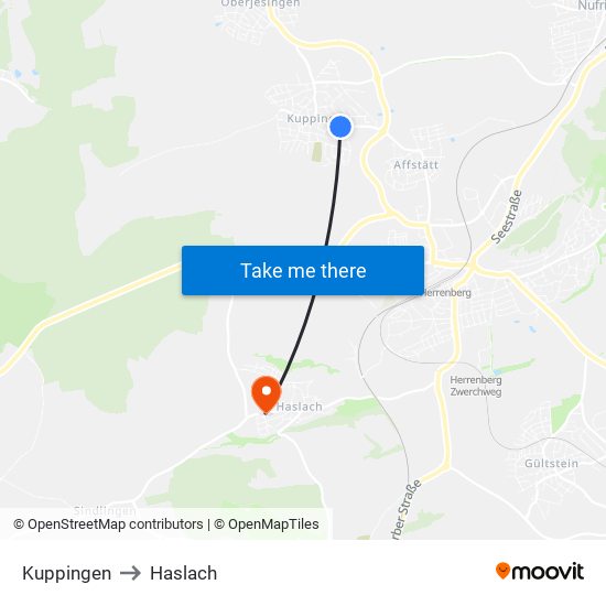 Kuppingen to Haslach map