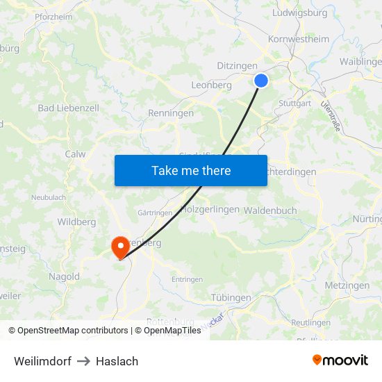 Weilimdorf to Haslach map