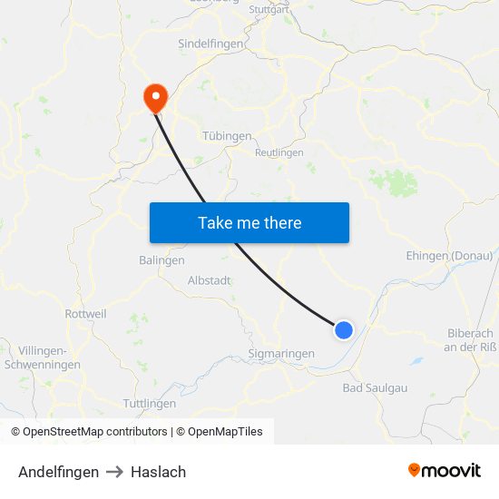 Andelfingen to Haslach map