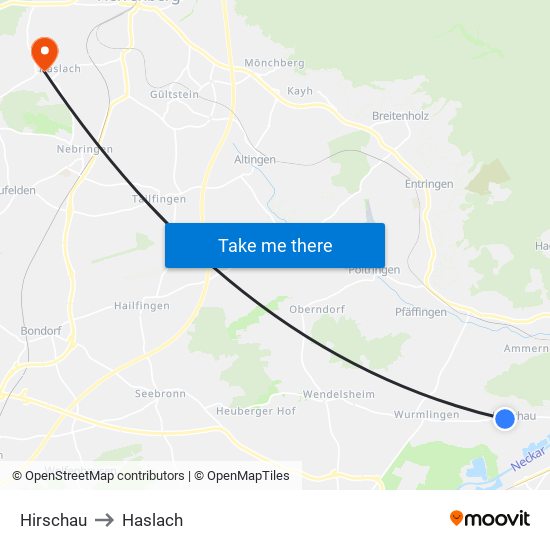 Hirschau to Haslach map