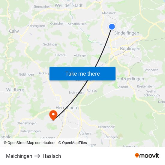 Maichingen to Haslach map