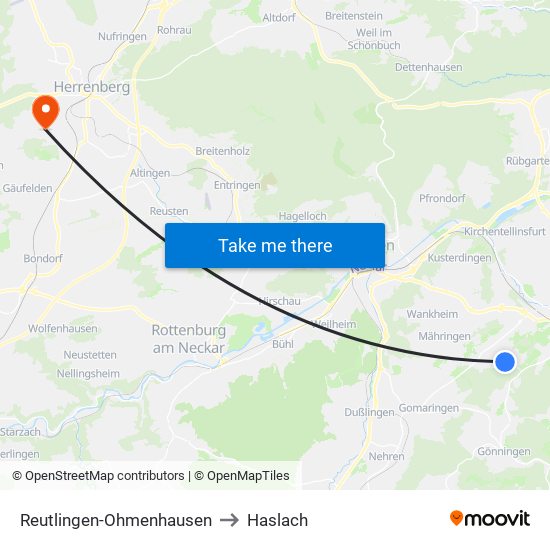 Reutlingen-Ohmenhausen to Haslach map