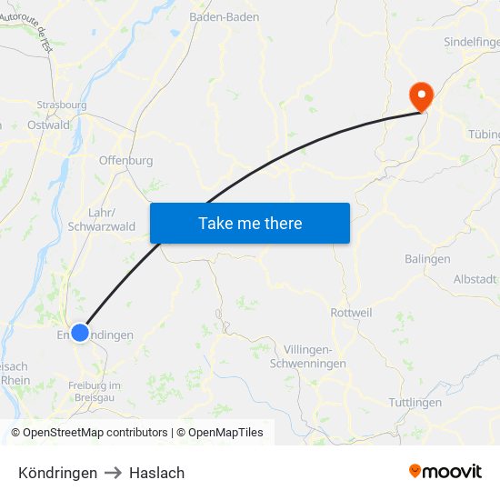 Köndringen to Haslach map