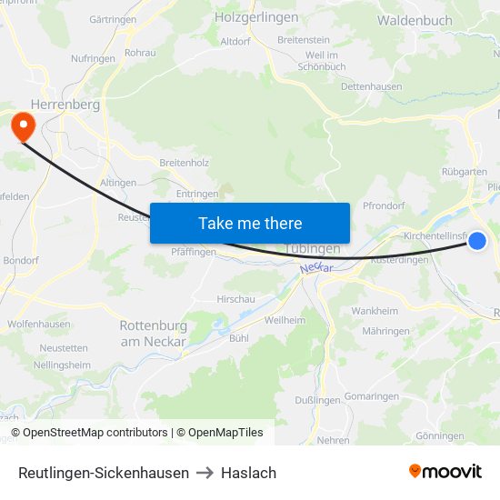 Reutlingen-Sickenhausen to Haslach map